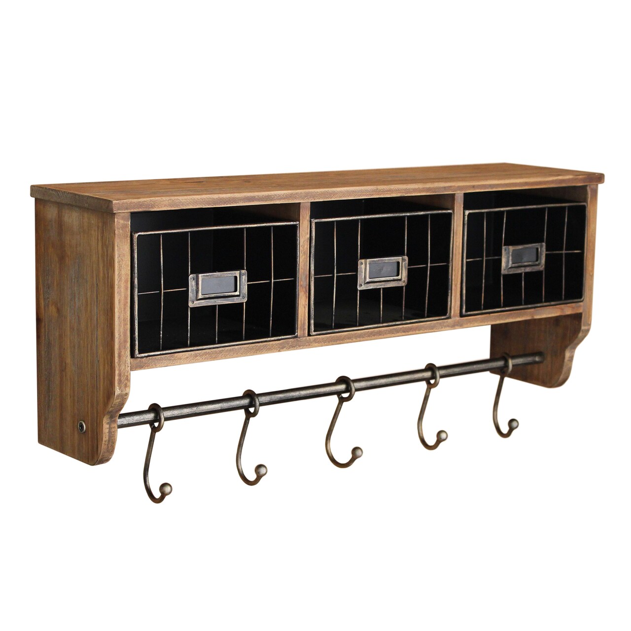 HBCY Creations Rustic Coat Rack Wall Mounted Shelf with Hooks & Baskets, Entryway Organizer Wall Shelf with 5 Coat Hooks and Cubbies